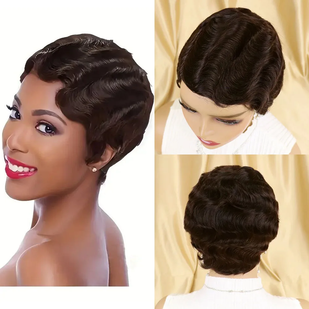 Coffee Brown Short Finger Wave Cheap Wigs For Women Human Hair Pixie Cut Wig Short Human Hair Wigs Machine Made Brazilian Hair