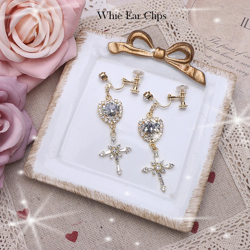 Y2K Cross Tassel Hang Lolita Earrings Korean Japanese Soft Girl Earring Elegant Cross Drop Clip for No Ear piercing Earrings