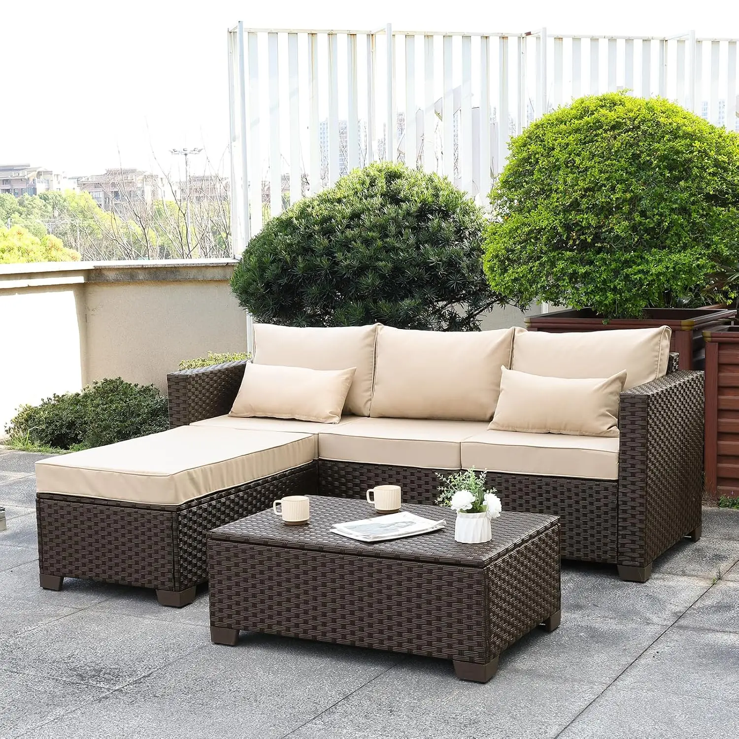 3 Pcs Outdoor Sectional Wicker Sofa Set with Storage Table & Waterproof Cushion Covers, All-Weather Non-Slip, Customized