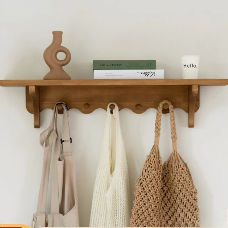 Mid-Century Solid Wood Coat Hooks Vintage Entryway Wall Mounted Shelf Rustic Floating Decor Rack