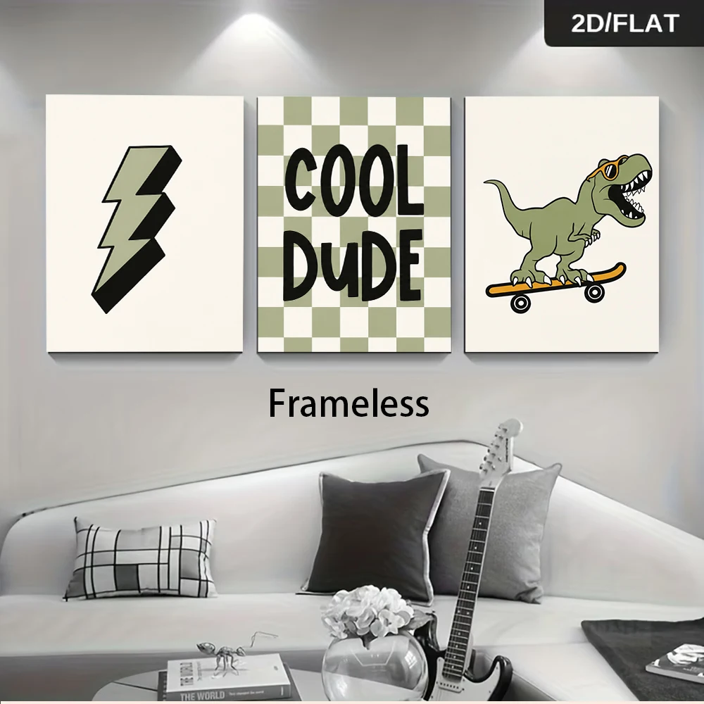 A stylish and cool triptych depicting skateboarding dinosaurs and lightning, in a frameless two-dimensional design.