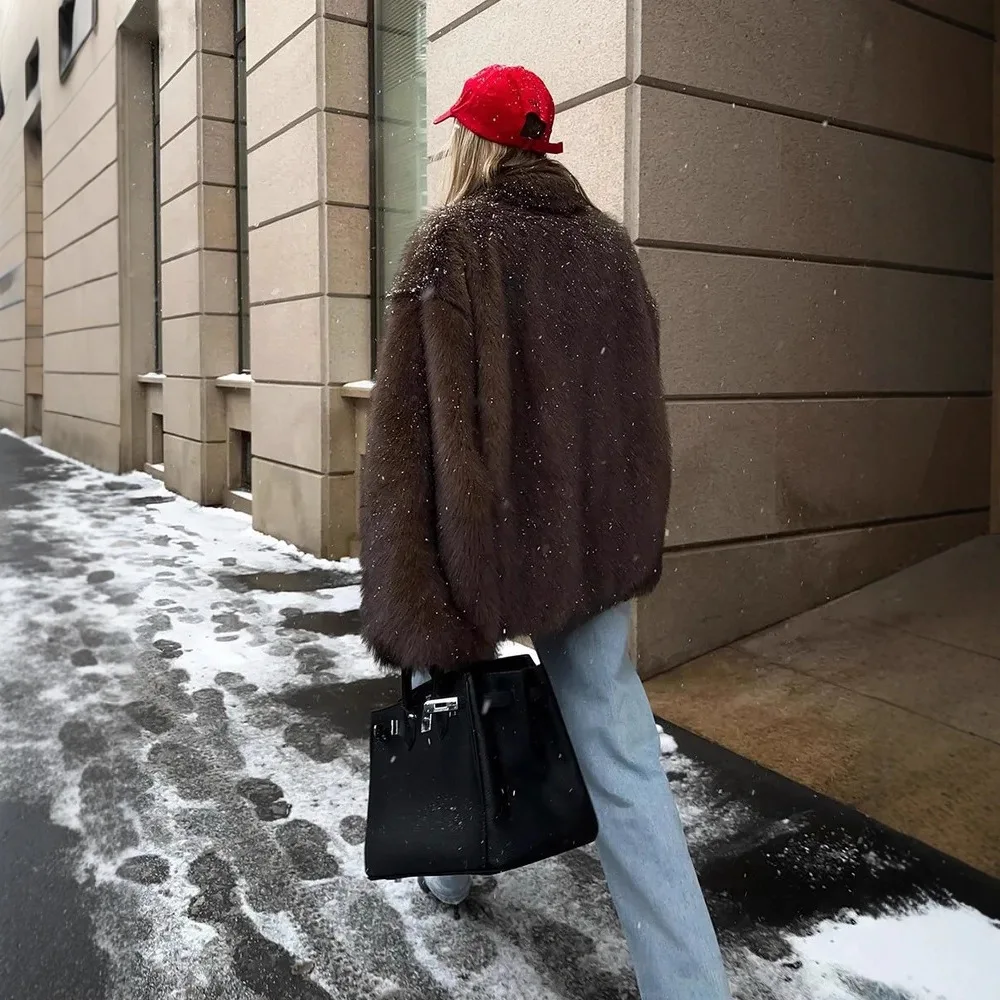 フェイクファーコート レディース 冬服 ジャケット ラペル ファッション 高級 ブラウン ゆったり 暖かい 厚手 ショートファージャケット レディース 冬服