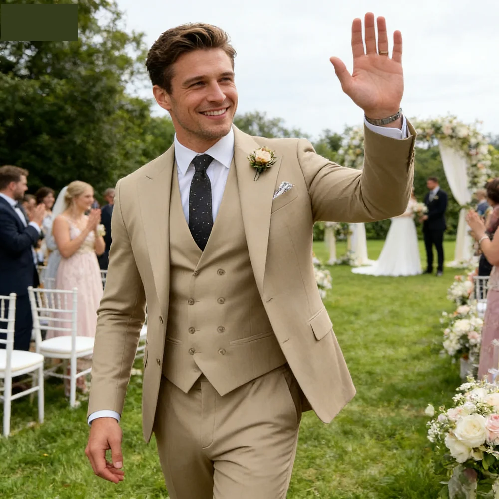 

Novo Beige Business Smoking 3-Piece Male Terno Unique Breasted Wedding Groomsmen Formal Suit Jacket Vest Pants Set