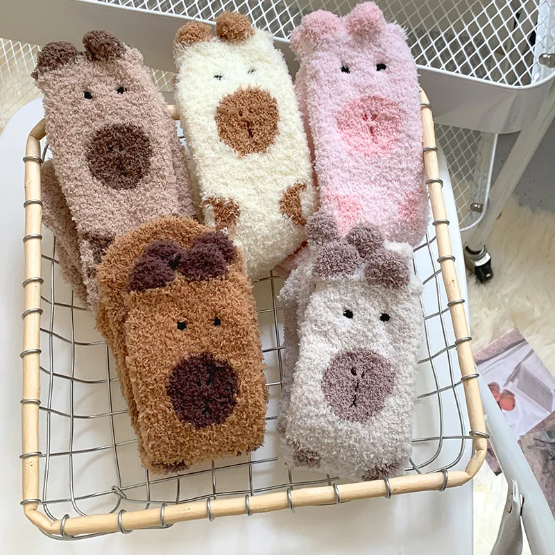 Cartoon Cute Animal Kapibala Cotton Socks Women Coral Fleece Capybara Socks Breathable Soft Unisex Winter Floor Sleep Socks