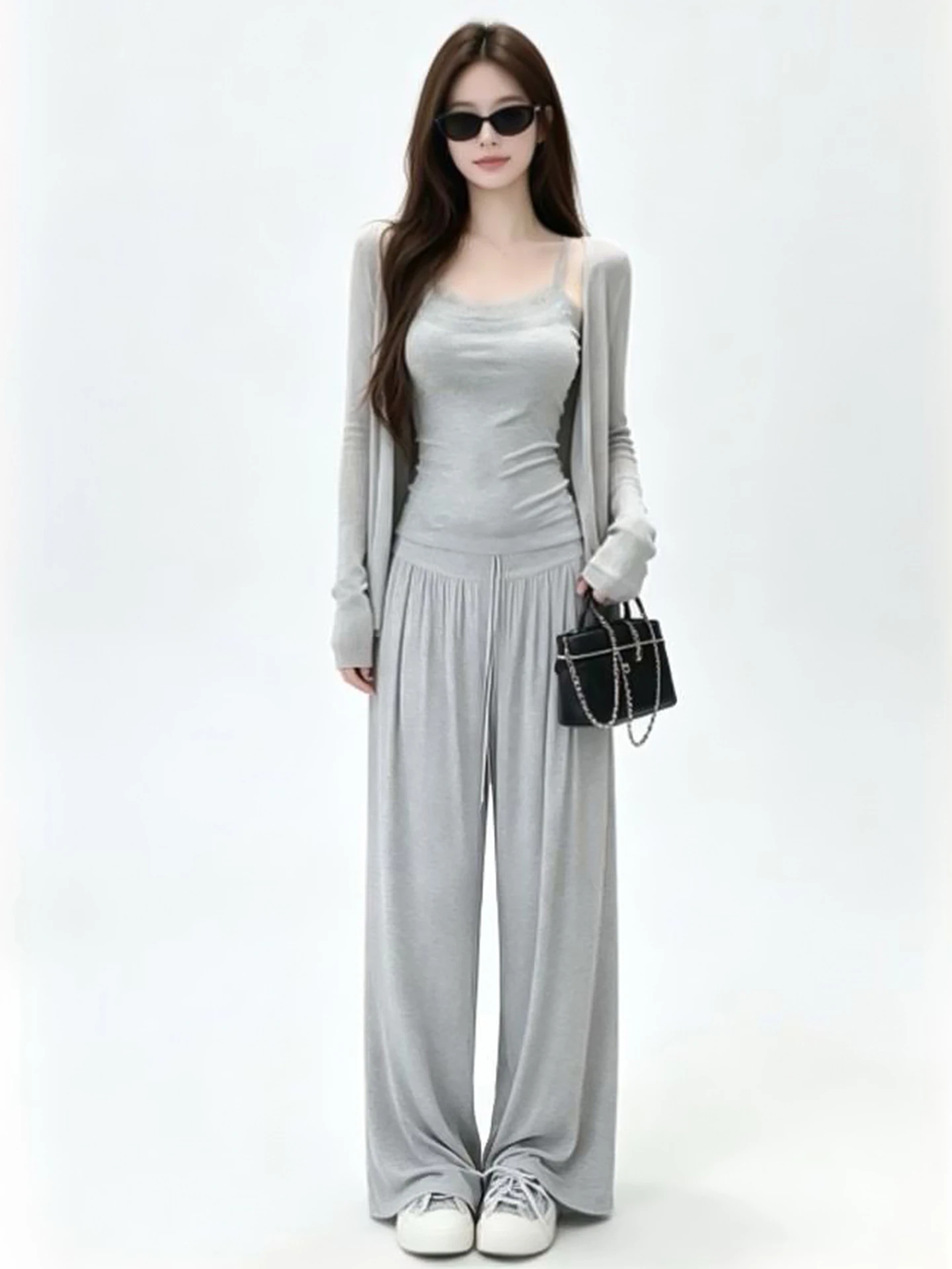 Gray Open Cardigan And Strap Top with Wide Leg Pants Women's Set Korean Style Autumn Fashion Three Piece Suit Comfortable Cas...