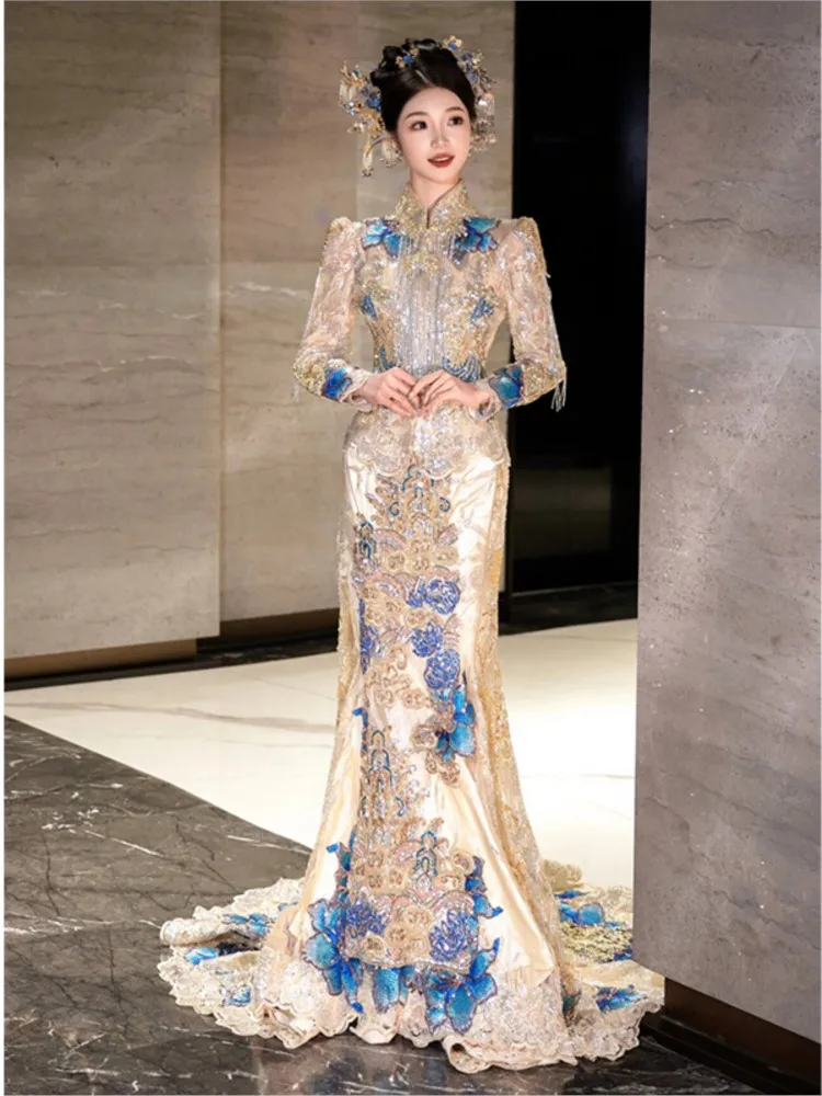 

Золотое свадебное платье для тяжелой промышленности для невест, новый небольшой рыбий хвост, тост в китайском стиле и