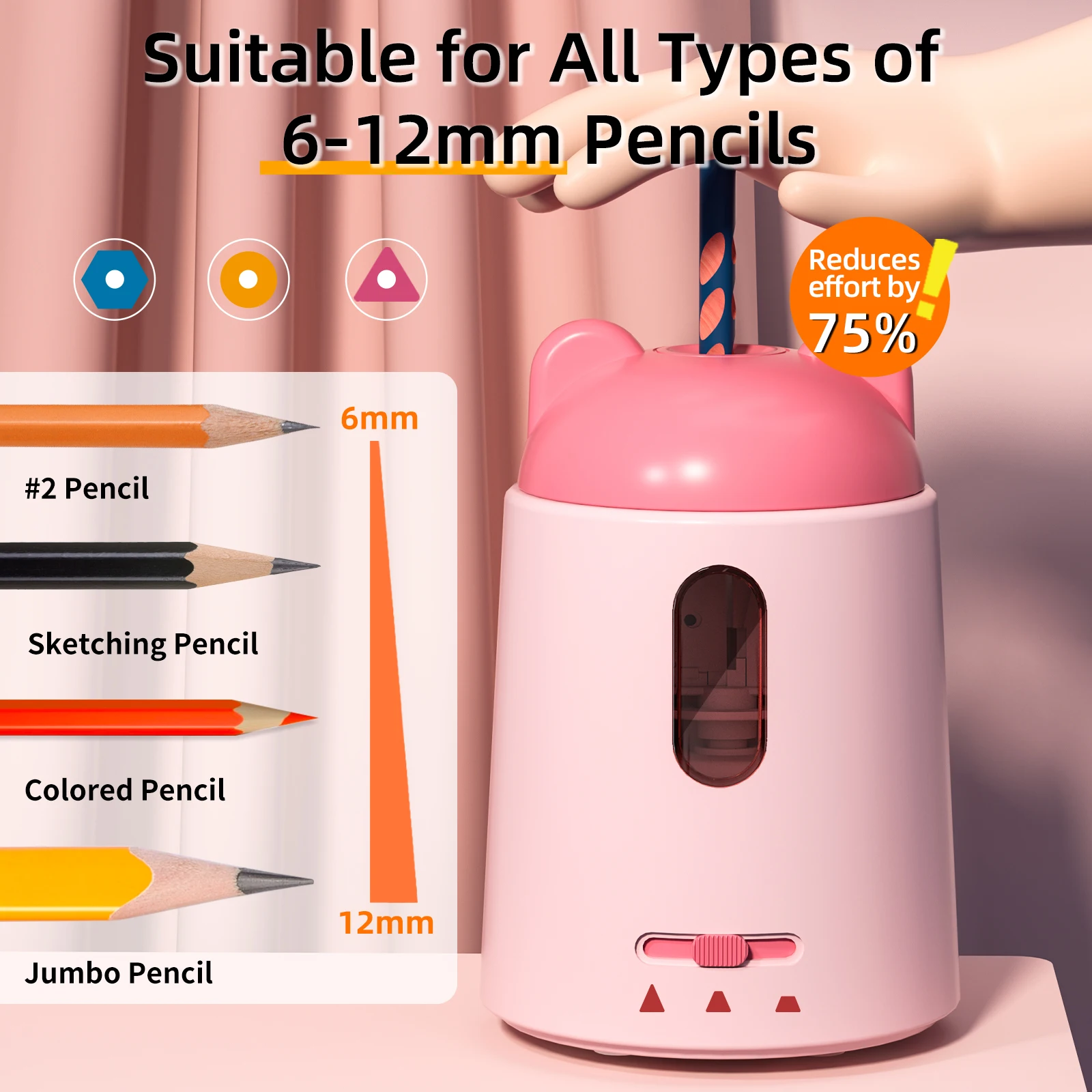 Taille-crayon automatique rose portable, alimenté par insertion de batterie, 62 taille-crayons électriques pour l'école des enfants