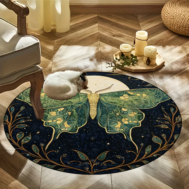 Moon Moth Art Round Rug Flannel Printed Carpet Boho Style Home Decor Cozy Soft Floor Mat Living Room Indoor Use