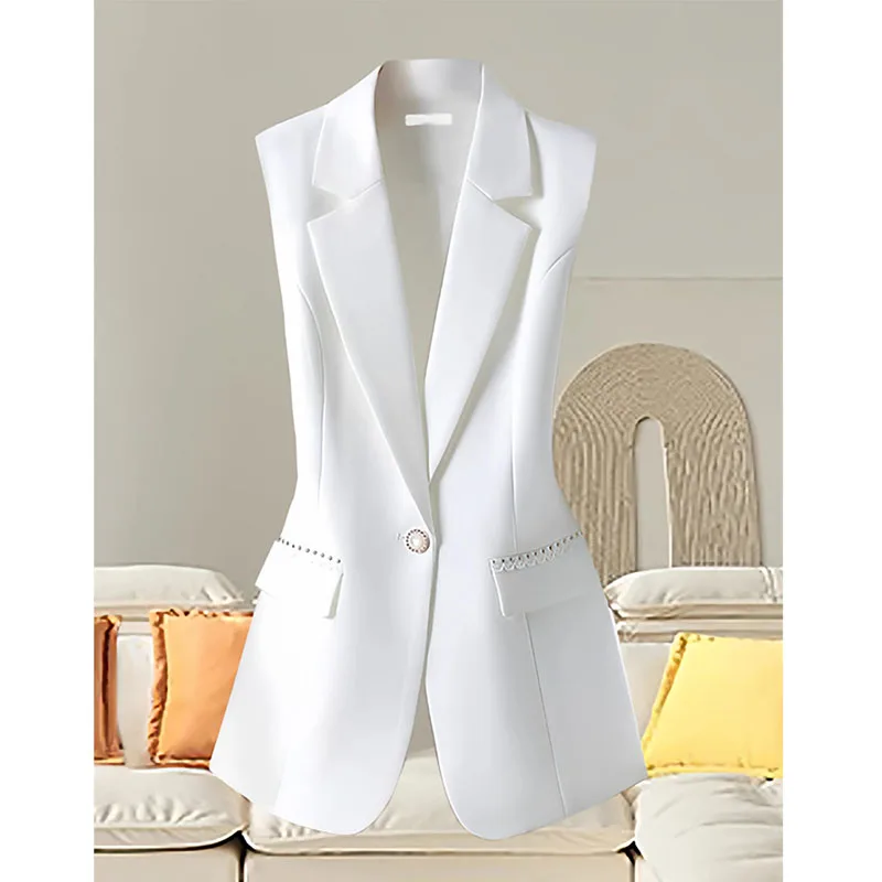 

2026 красивый черный, белый цвет костюм, жилет, женские жилеты, куртка, весенне-осенний костюм без рукавов, пальто, корейский женский костюм с высокой похвалой