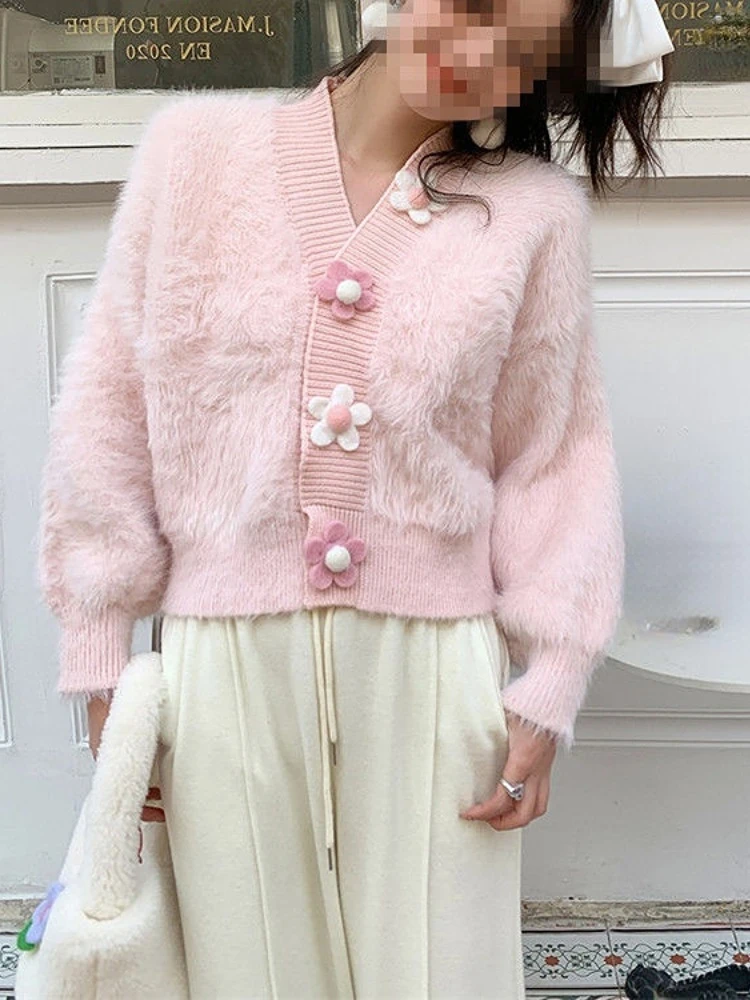 Woherb nowy słodki różowy norek puszysty sweter dziergany sweter kobiet koreański delikatny V Neck Pull Femme kwiat przyciski z długim rękawem topy