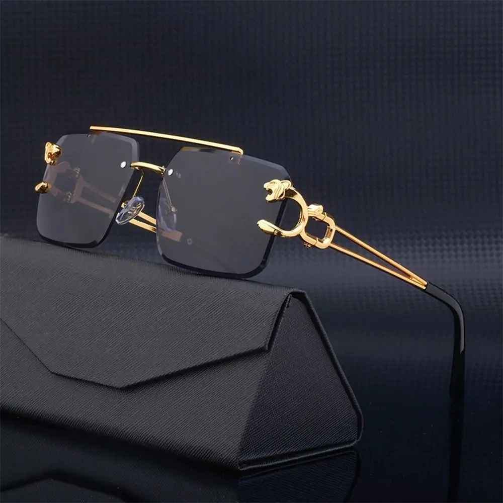 Steampunk Rimless Square Sunglasses Men 2023 Luxury Brand Designer Gold Lion Decoration Sun Glasses for Women Vintage Eyewear