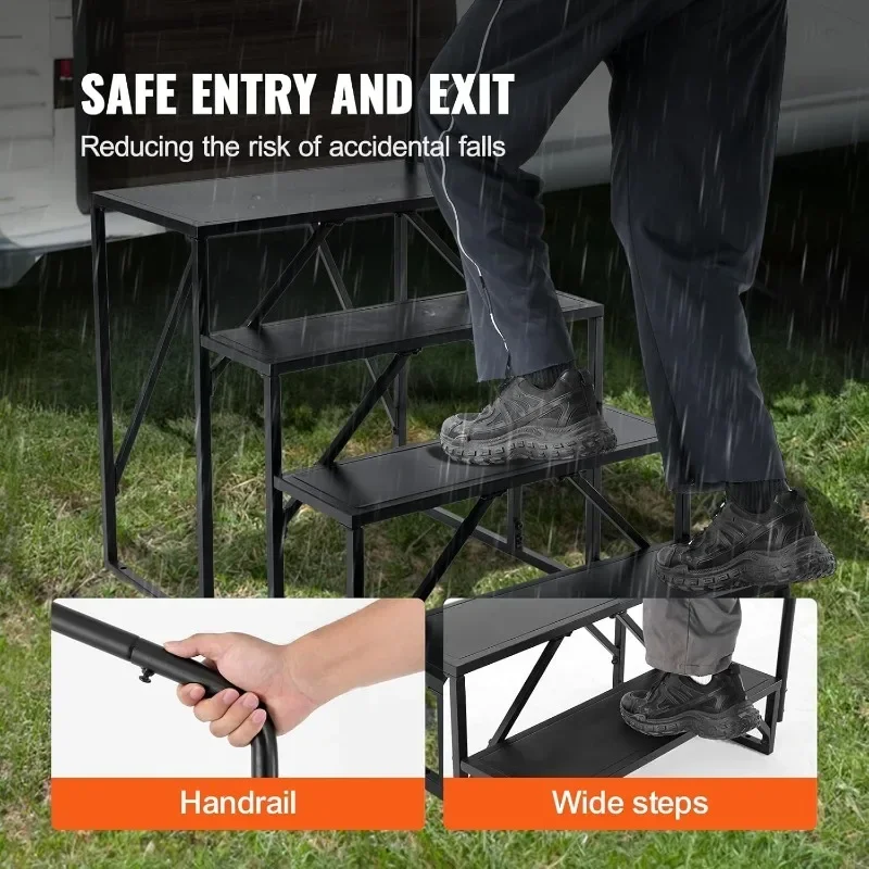 VEVOR RV Steps, 4-Step RV Stairs, 440 LBS Load Capacity, Thickened Carbon Steel, with Handrail, Non-Slip Steps for Safe Entry