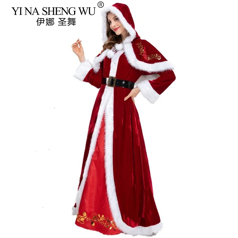 Deluxe Classic Retro Mrs. Claus Kerst Kostuum Xmas Party Santa Claus Cosplay Kostuums Lange Mouwen Vrouwen Rode Jurk Sjaal Set