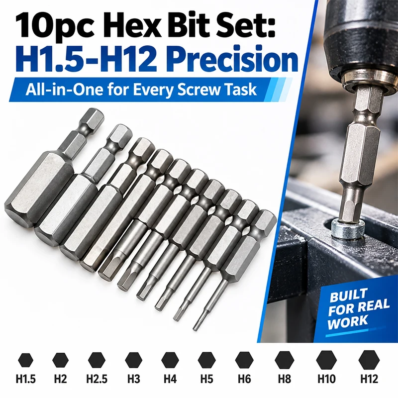 10-teiliges Sechskant-Bit-Set, metrisch H1,5-H12, Inbusschlüssel-Bits, S2-Legierungsstahl, magnetisch, 1/4 Zoll Sechskantschaft für Bohrmaschine und Schraubendreher – Detail 1
