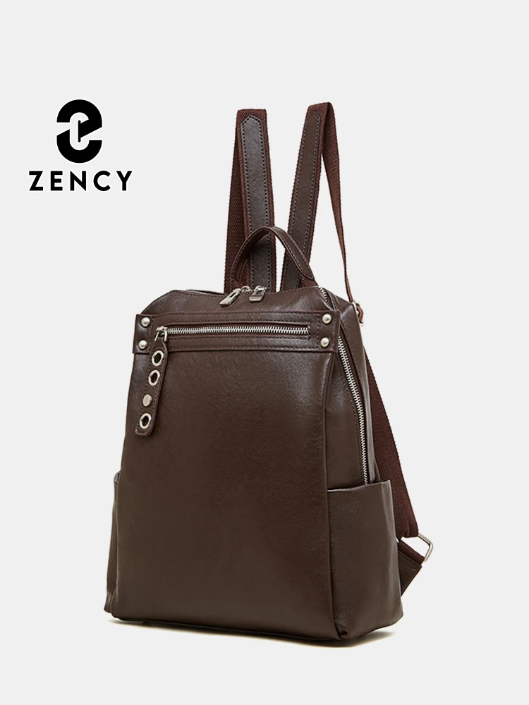Zency Large Capacity Women's Coffee Leather Travel Bag Vintage Rucksack Tanned Cowhide Leather Top Layer Designer Bag 2025 New