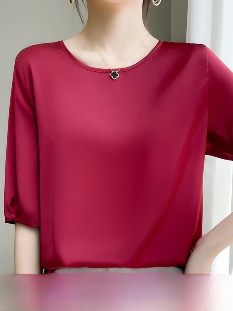

Silk Satin Loose Fit mid Sve ort Sve Women's T-irt round Ne Summer Cool Feeling Thin Material Korean Sle Top