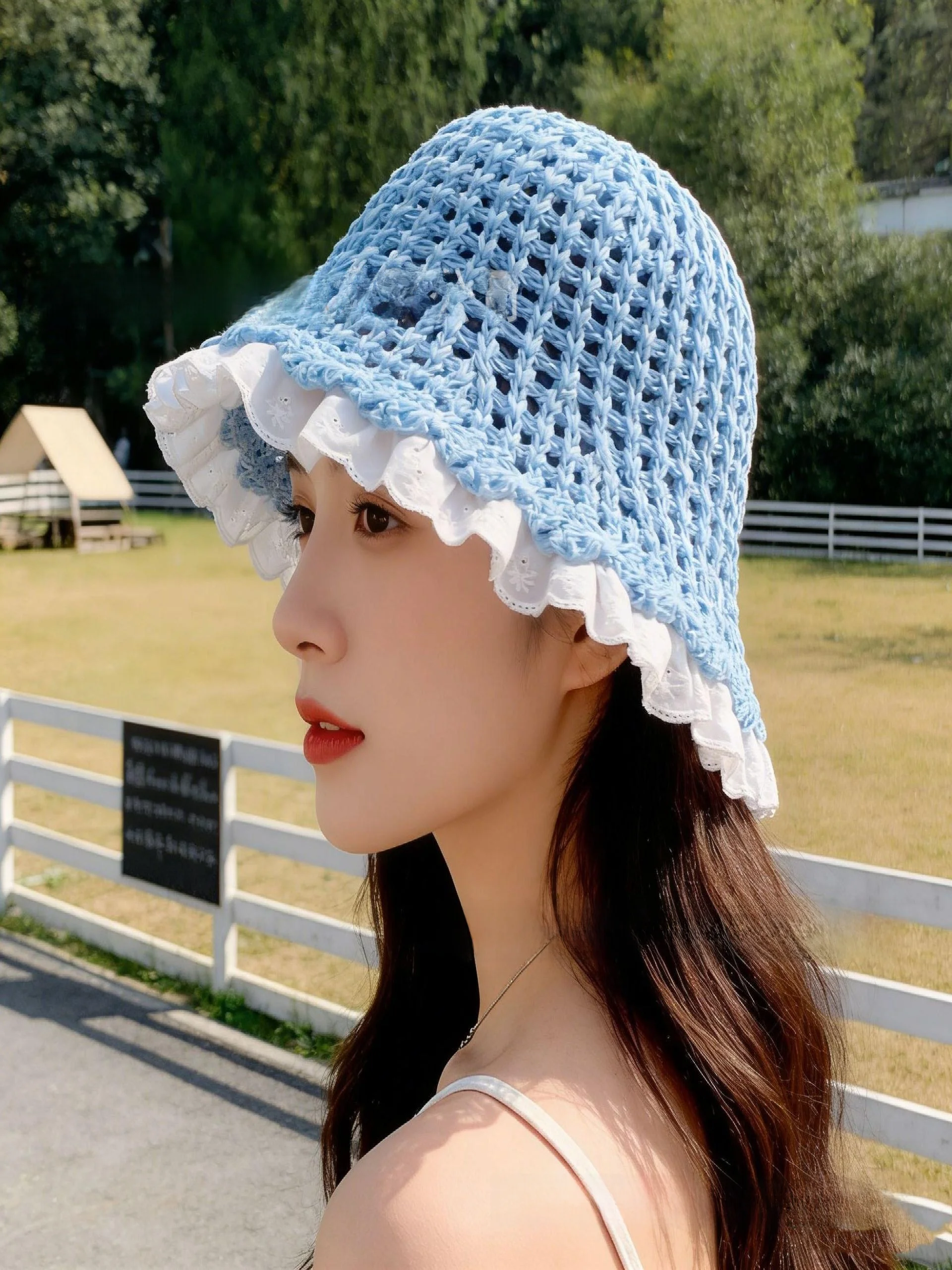 Chapéu Bucket Kadet Feminino de Verão com Renda, Estilo Coreano Famoso na Internet, Camada Única Vazada, para Praia e Pesca a...