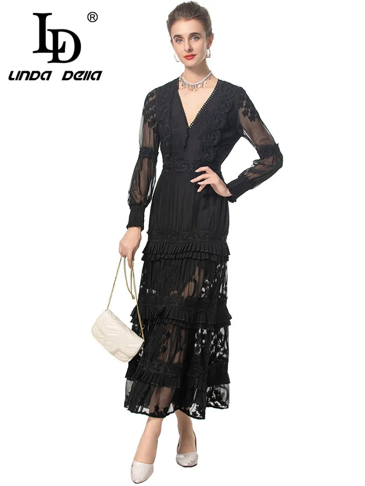 LD LINDA DELLA Autumn and Winter Women's A-Line Dress Flare Sleeved Lace Splicing Flounced Edge High waist Elegant Party Dresses