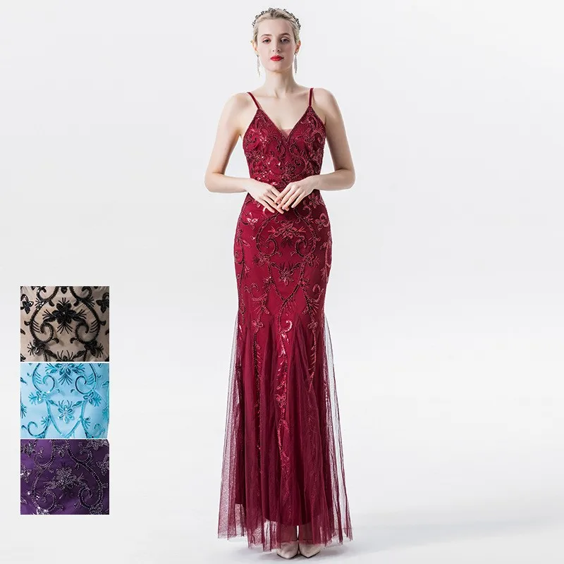 

Halter sequined dress backless long banquet wedding performance costume