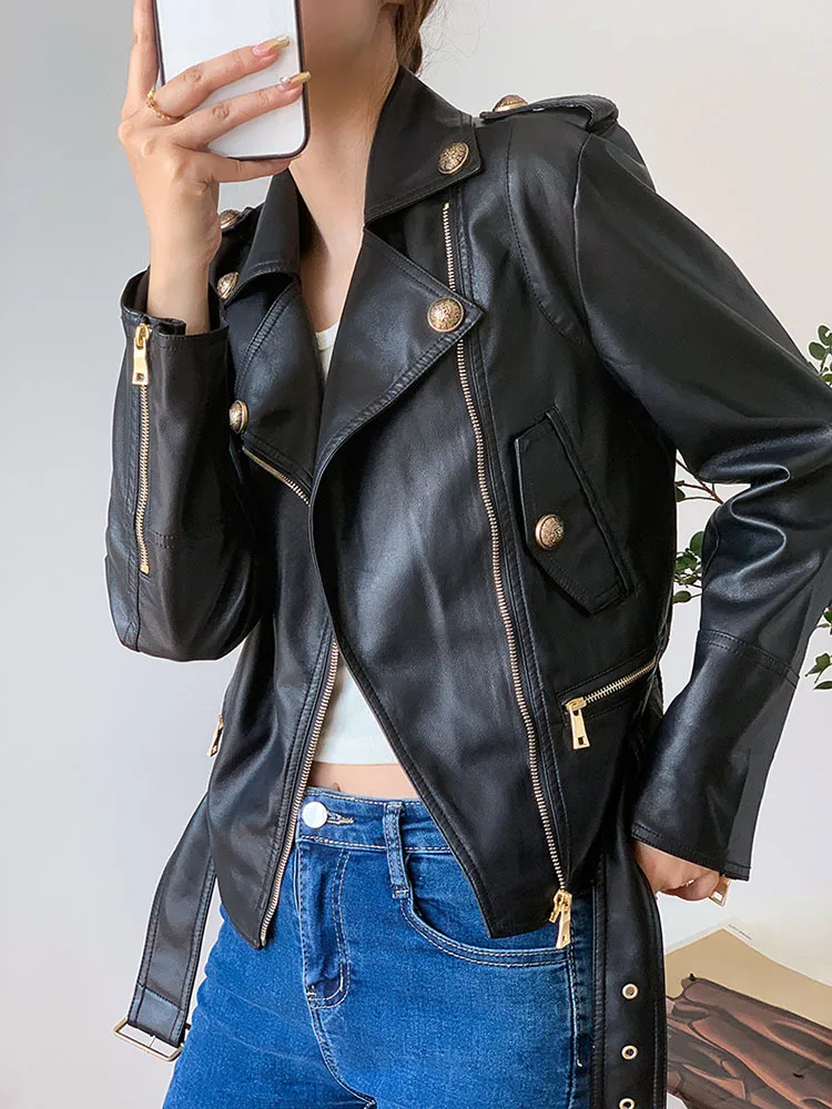 Spring Autumn Short Loose Cool Stylish Green Black White Faux Leather Biker Jacket Women Zipper Belt Long Sleeve 2023