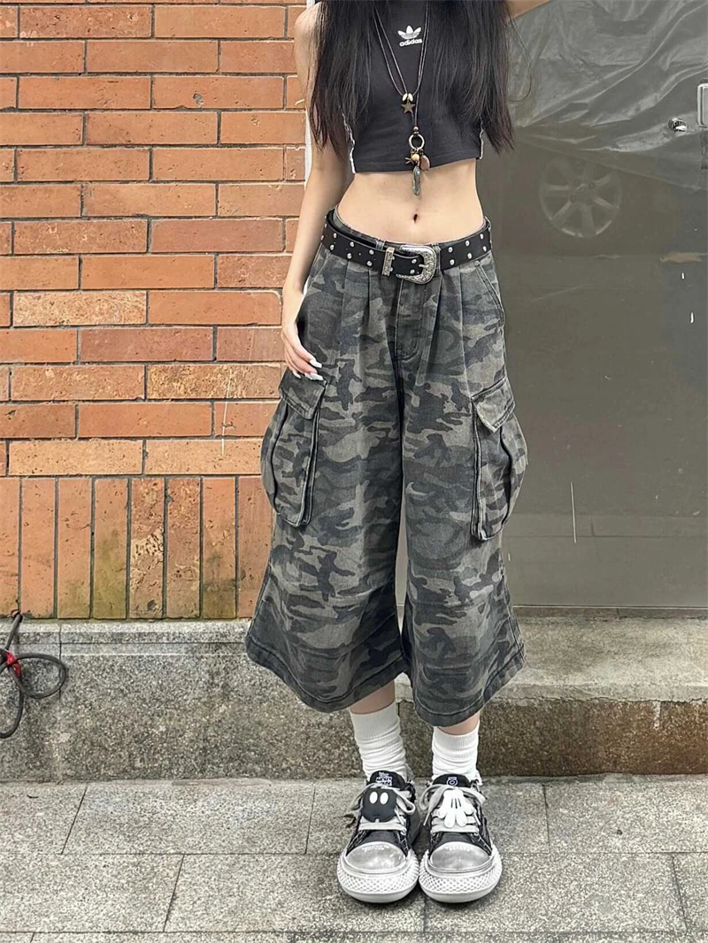 Women\'s Camouflage Cargo Jeans Harajuku Y2k Baggy Denim Trousers 90s Aesthetic Jean Pants Vintage 2000s Emo Trashy Clothes 2024