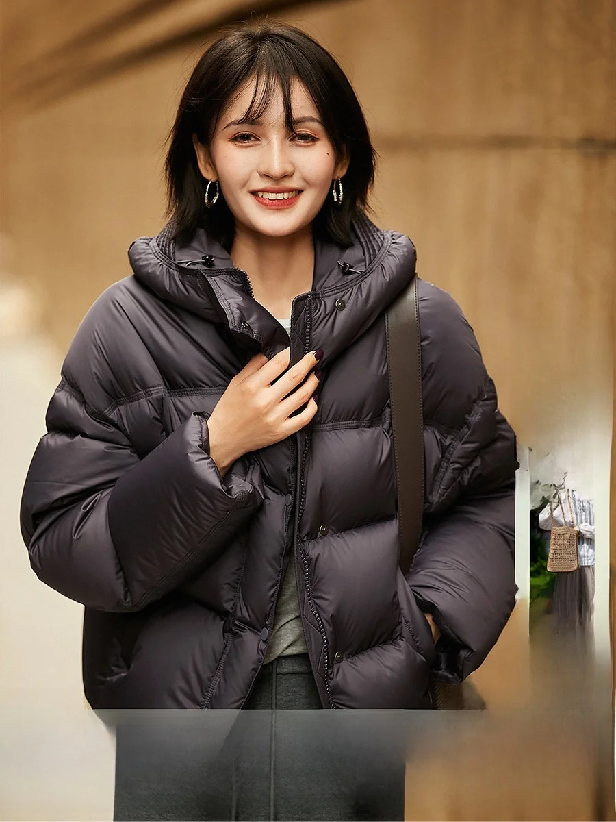 

Light Warm Puff White Goose down Hooded ort Sle Women's down Jaet Elastic Waist Loose Fit Nylon Fabric Zipper Closure