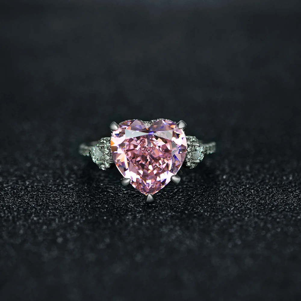 S925 Silver European and American Style 6ct Heart Shaped 12 * 12 Simulation Pink Diamond Luxury Ring New Wedding Jewelry