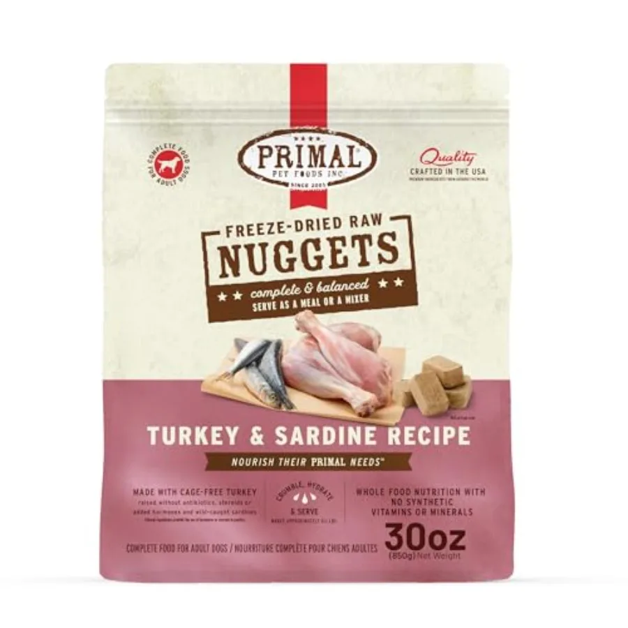 

Сублимированная сырая корм для собак Primal, наггетсы, Турция и Сардина, полное и сбалансированное блюдо, также использовать как Topper or Treat Premium Heal