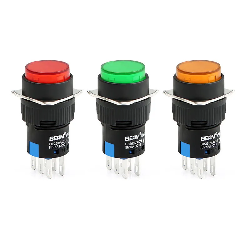 5pcs Flat Head Push Button Switch Power Start Momentary Self-Resetting 12V 24V 220V Self-Locking LA16-22 With Light Red green