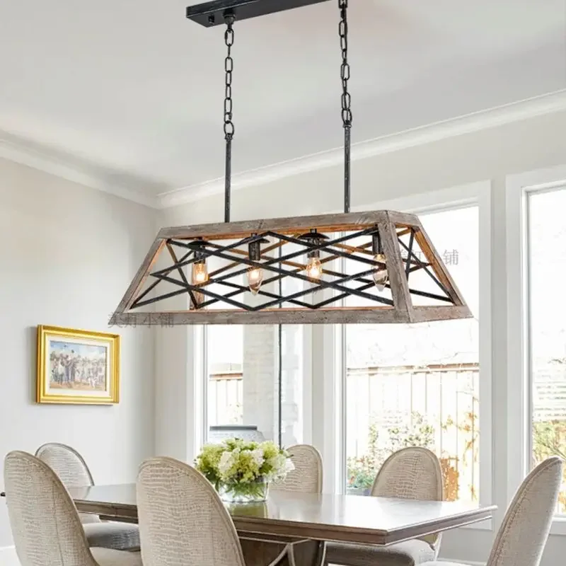 

Wabi Sabi Pendant Light Vintage American Rectangular Dining Cafe Bar Hanging Lamp Wooden Art