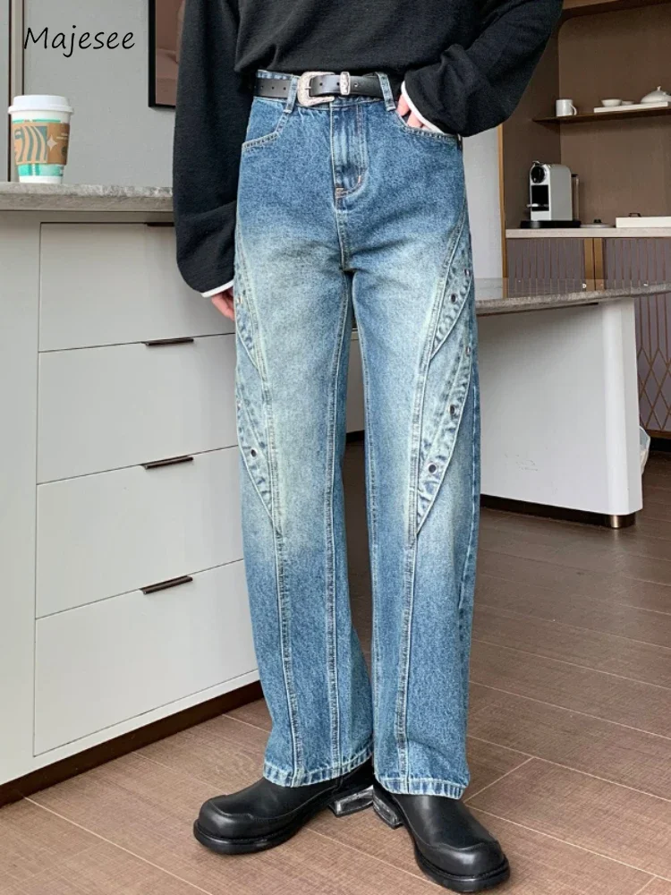 Vaqueros empalmados de pierna ancha para hombre, estilo coreano, Hipster que combina con todo, holgado, de cintura alta, para uso diario, S-3XL vaquero Retro básico