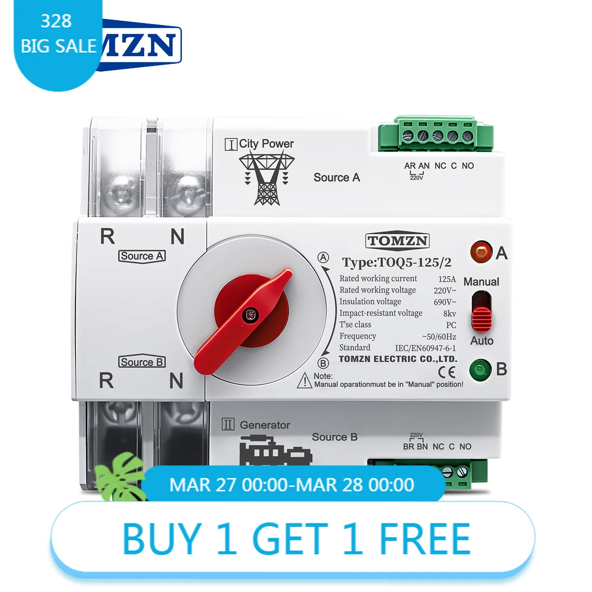 TOMZN TOQ5 Single Phase Din Rail ATS Automatic Transfer Switch, 63A/100A/125A 220V Uninterrupted Dual Power Selector