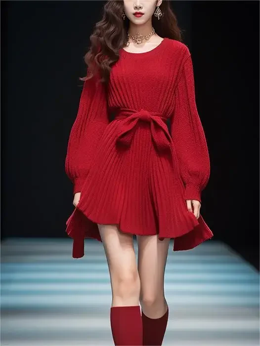 Christmas 2024 Autumn Winter Women's Red New Year's Robe French Hepburn Style Knitted Slim Waist Elegant All-match Sweater Dress