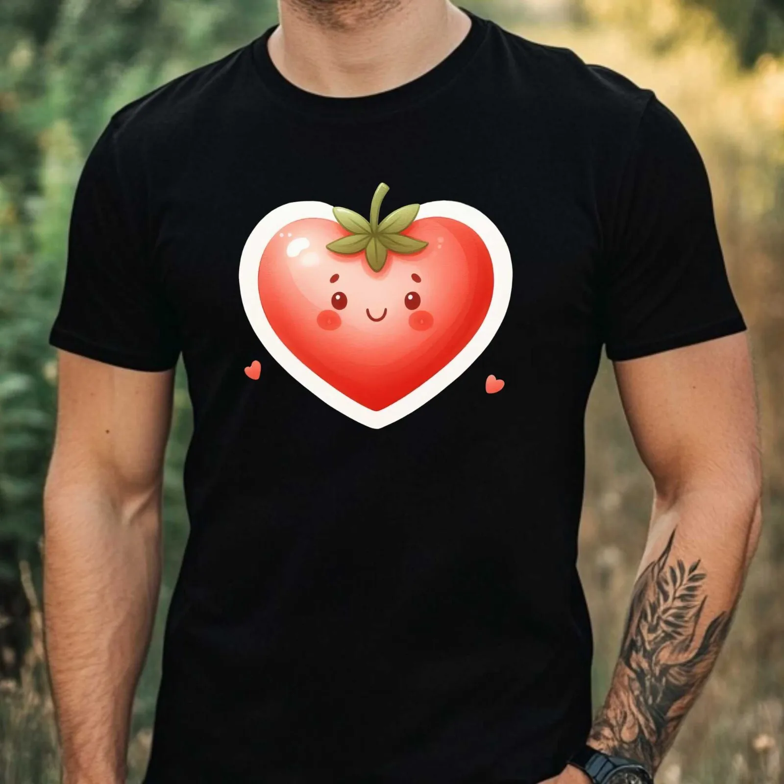 Herren-T-Shirt aus Baumwolle mit Aquarell-Herz- und Fruchtmotiv, Größe XS bis 5XL