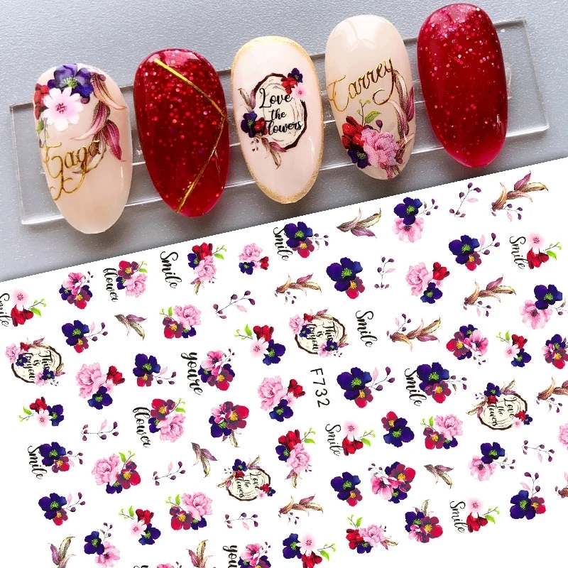 Nail Art Decals Watercolor Florals Red Pink Dark Purple Posy Flowers Back Glue Nail Stickers Decoration For Nail Tips Beauty