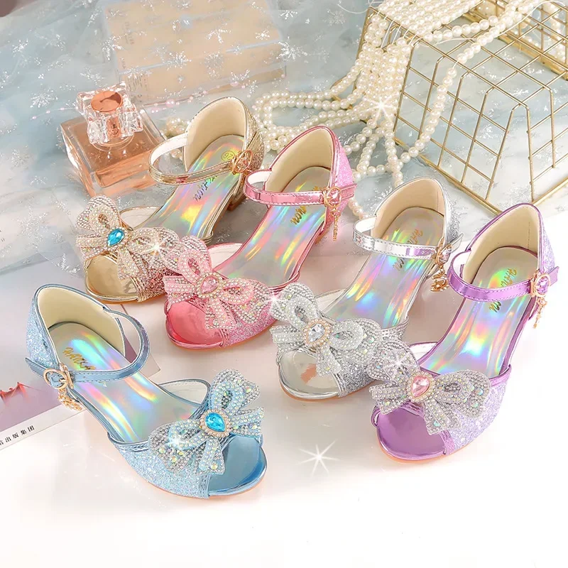 Summer Girls Sandals With Heel Fashion Rhinestone Shiny Glitter Shoes Children Princess Bowtie Pearl Dancing Shoes