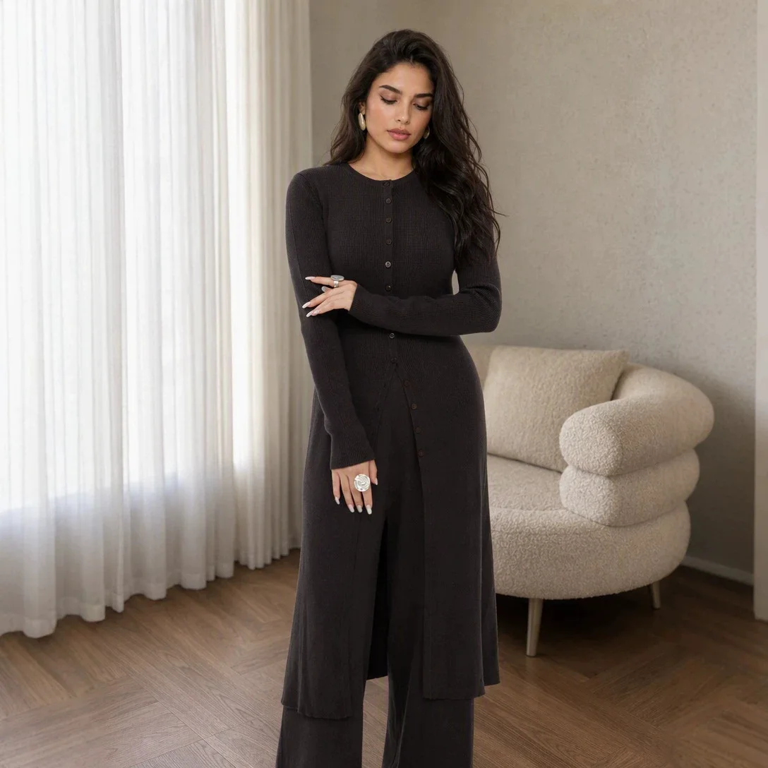 Muslim Women 2Pcs Set Knit Long Top Blouse Wide Leg Pants Suit Autumn Winter Islamic Outfit Musulman Ensembles Arab Long Robe