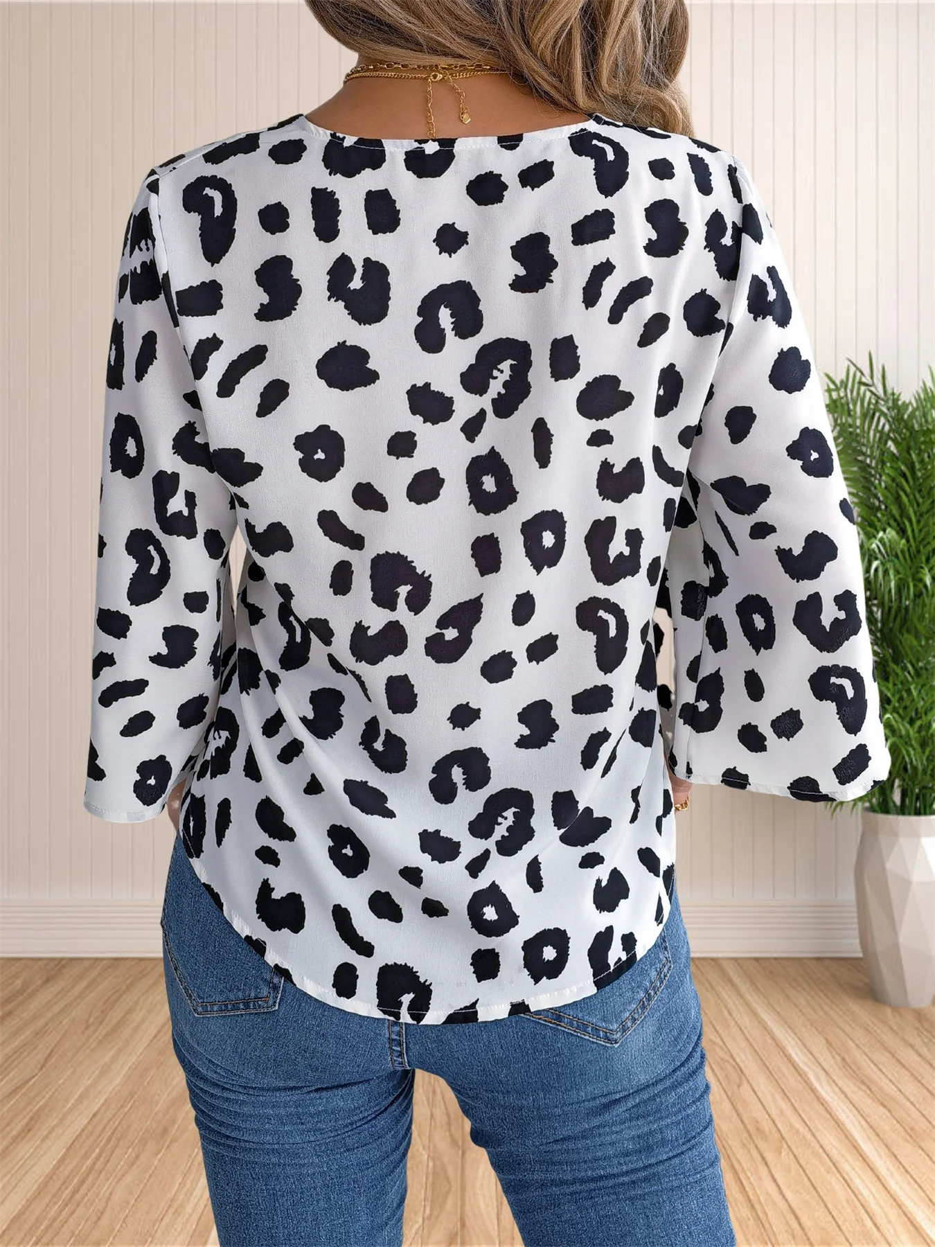 여성용 루즈한 V넥 블라우스, 단추 다운 3/4 소매 타이 매듭 튜닉 셔츠 상의