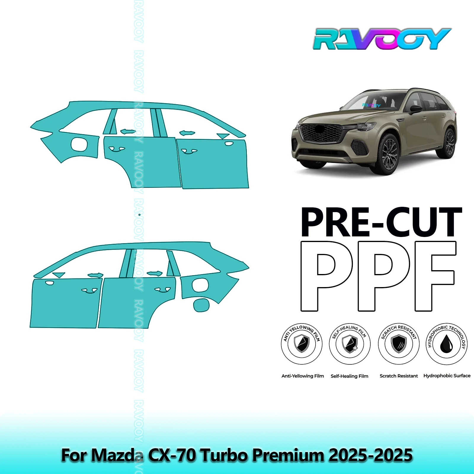 

For Mazda CX-70 Turbo Premium 2025-2025 8.5mil Clear Matte Pre-Cut PPF Door & A/B Pillar Kit TPU Paint Protection Film Set