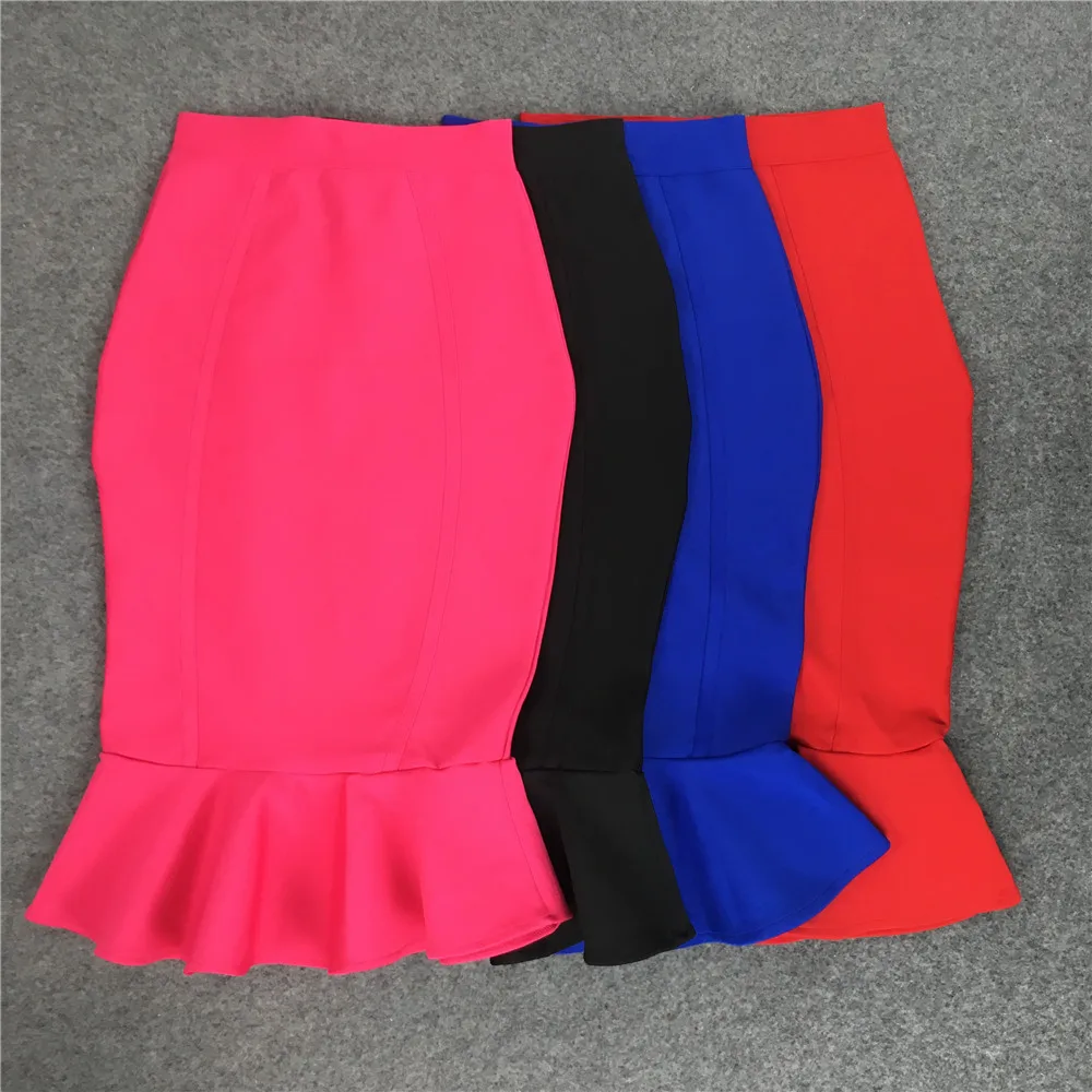 6 Colors 71cm Women Elegant Knee Length Ruffles Bandage Skirts Top Quality High Waist Office Lady Pencil Skirt High Street