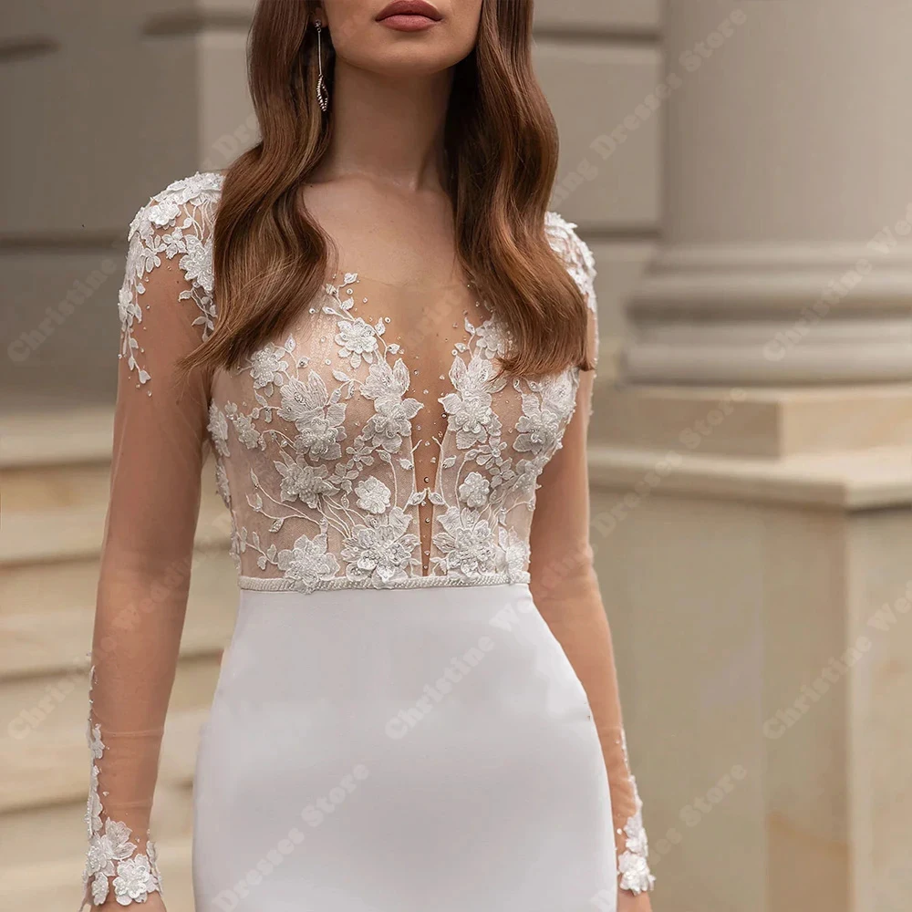 Simple Style Mermaid Women Wedding Dresses Sexy V-Neck Satin Bridal Gowns Formal Ball  Lace Long Sleeves Vestidos De Novias 2024