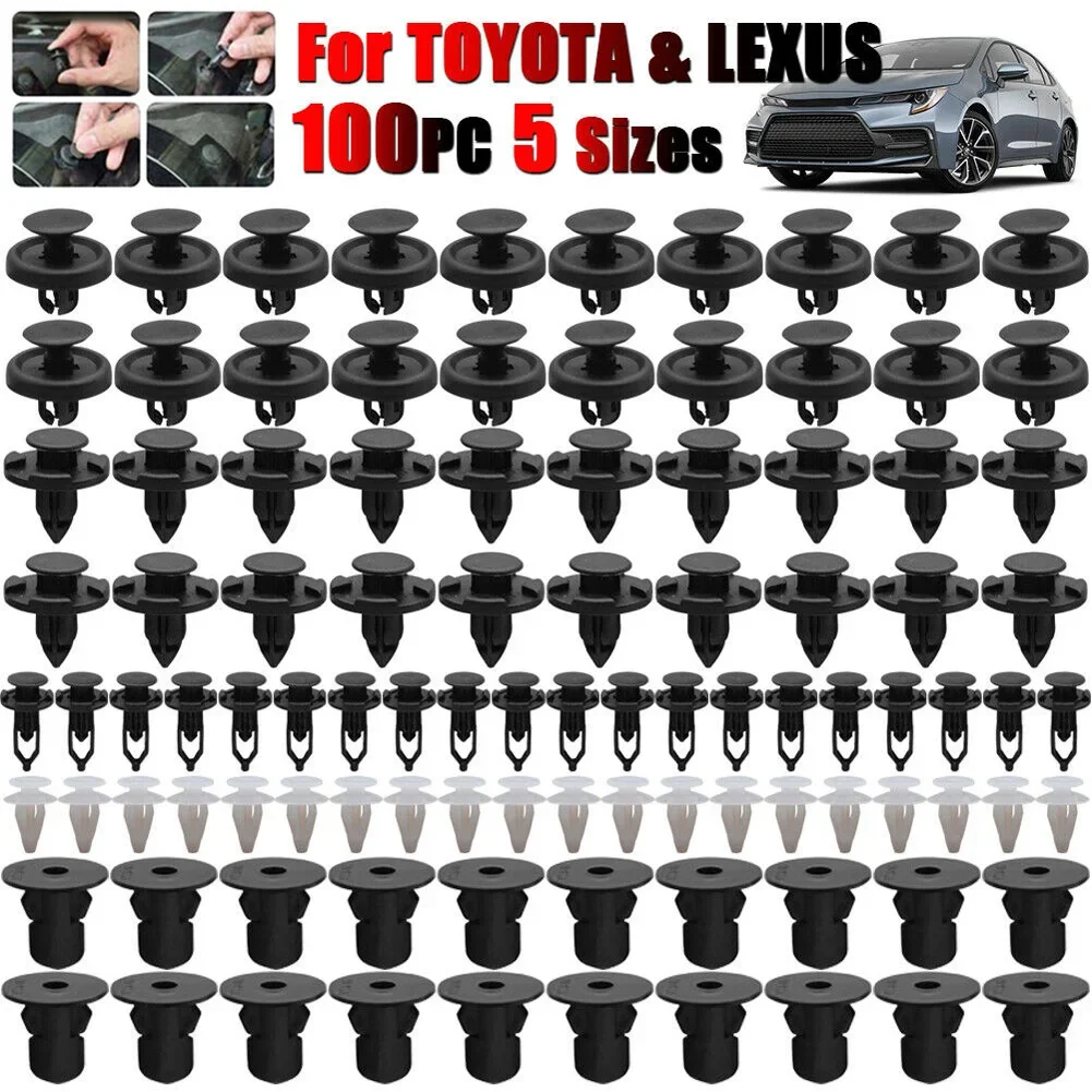 100pcs 5 Sizes Auto Fastener Clips Mixed Car Clips Retainer Rivet Door Panel Fender Liner Bumper Fender Trim Car Accessories