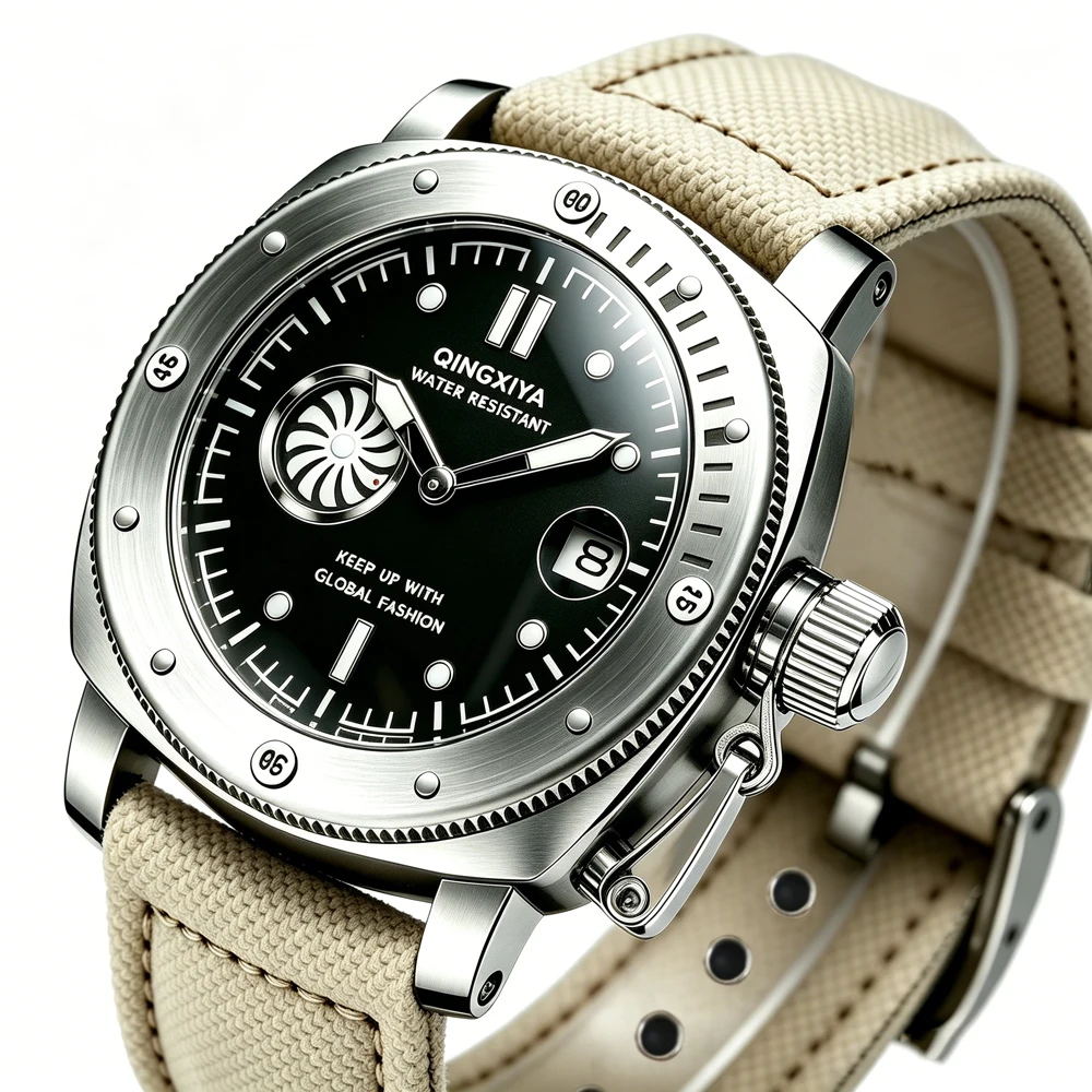 QINGXIYA Brandneue modische Quarzuhr mit zweitem Zifferblatt für Herren, hochwertiges Canvas-Armband, wasserdicht, Kalender, Sportuhren für Herren – Detail 6