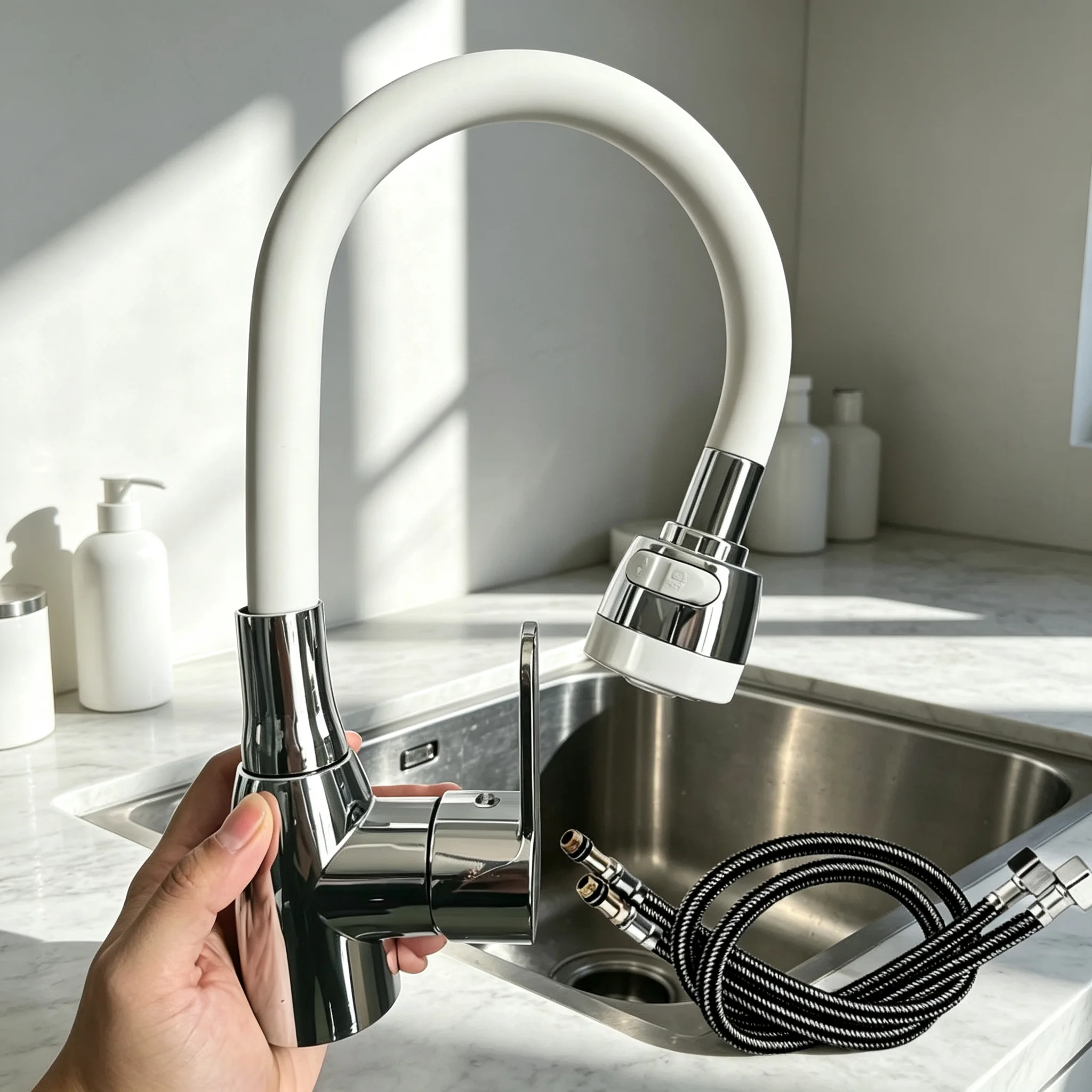 1PC High-End 360° Rotating Kitchen Faucet Flexible Silicone Hose Nozzle Household Sink Tap with 2 Supply Hoses