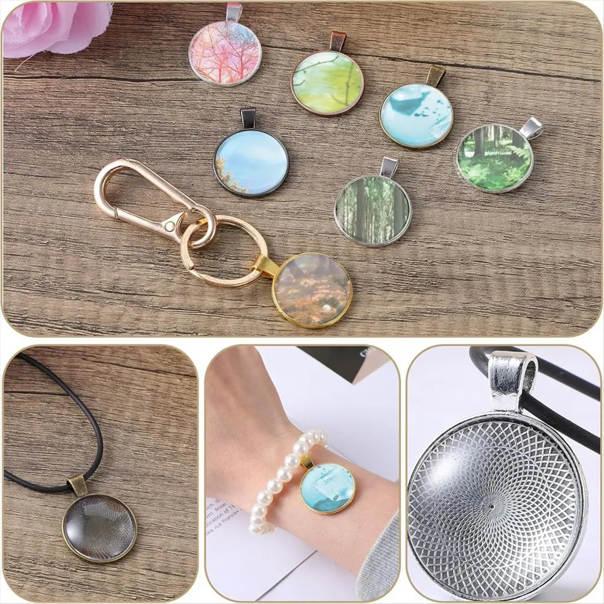 ABZT 210Pcs Pendant Trays Kit with Glass Cabochon and Necklace Cords Set for Jewelry Making Pendants Necklaces Making