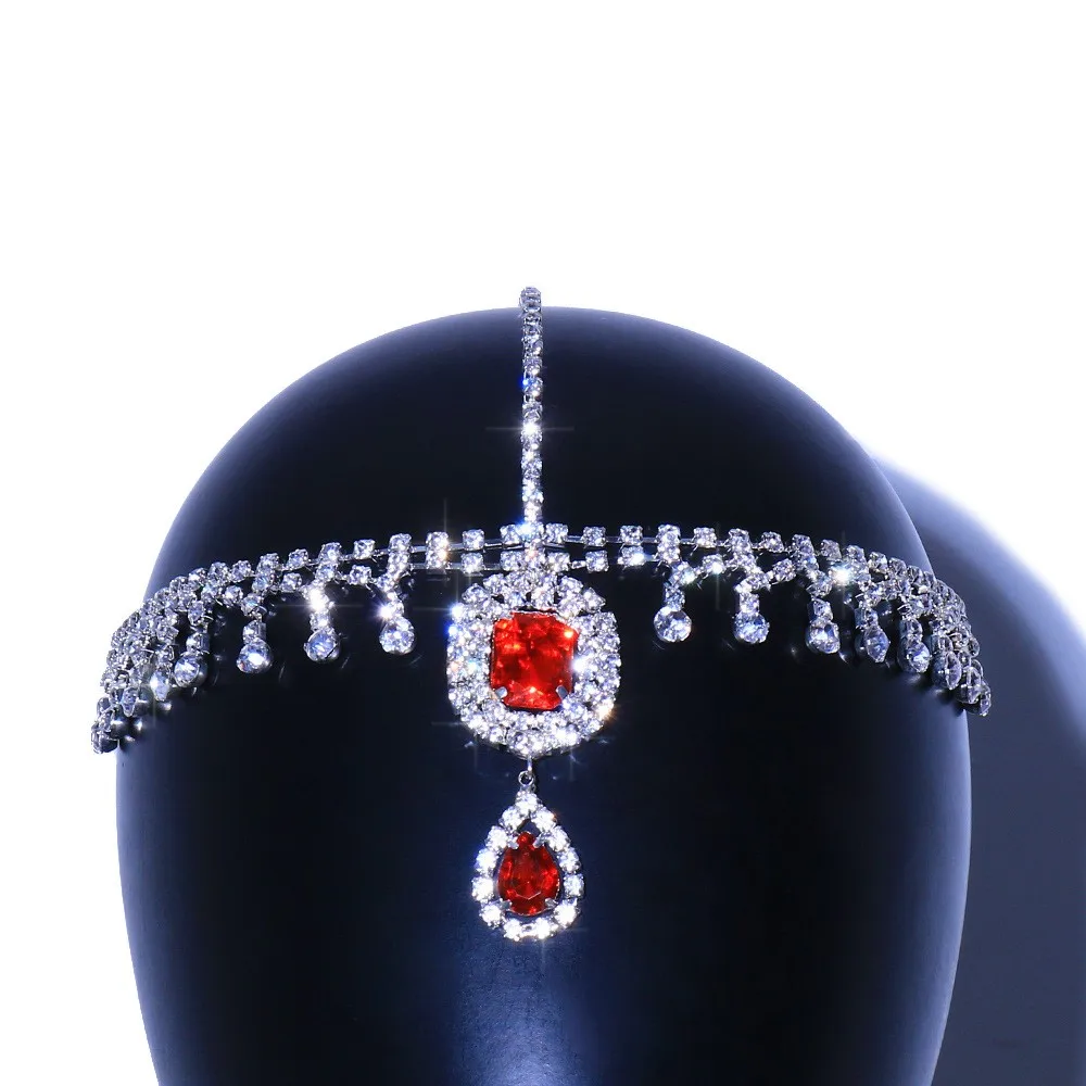 Stonefans Boho Red Crystal Headband Hair Chain Women Water Drop Forehead Pendant Rhinestone Head Chain Bridal Headpiece Jewelry