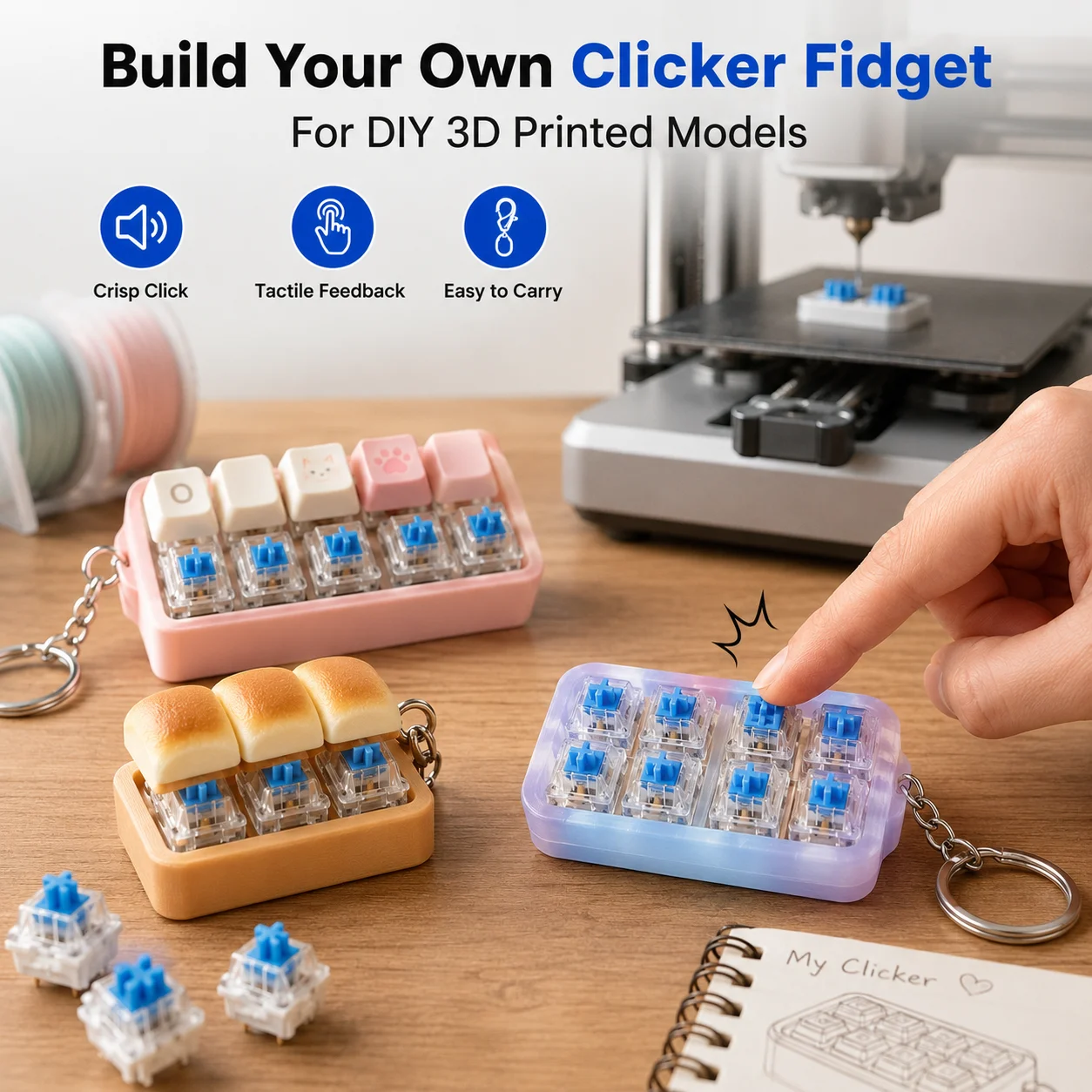 50PCS Blue Mechanical Keyboard Switches 3 Pin MX Style Clicky Switches with 10 Keychains for 3D Printed Fidget