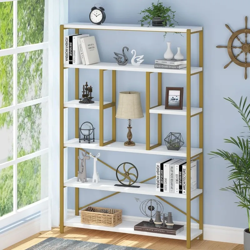 Gold Bookcase Organizer, Large Tall 6 Shelf Bookcase Organizer, Large Modern Metal Wooden 6 Shelf Bookcase