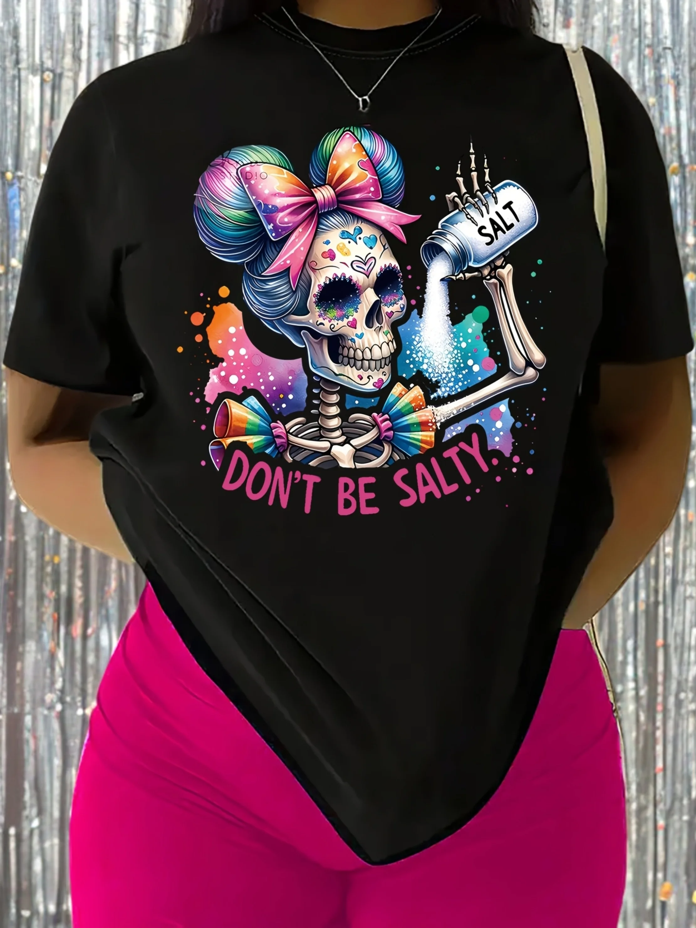 

Women's Casual Crew Neck T-Shirt - Colorful Sugar Skull & "Don't Be Salty" Slogan Graphic, Soft Polyester, Regular Fit