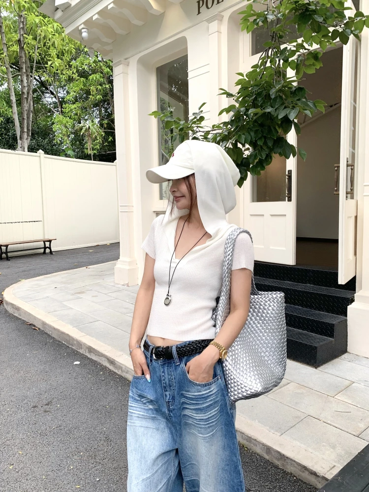 

BLUETIQUE Color V-Ne ort Sve Knitted Hat T-irt Commute Sle Slim Fit Summer Faion Ladies' Tee